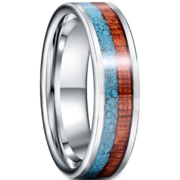 *COI Tungsten Carbide Turquoise & Wood Pipe Cut Flat Ring-5943