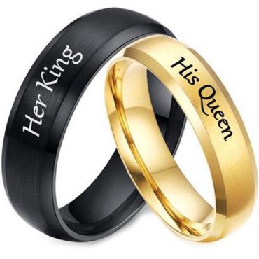*COI Tungsten Carbide Black/Gold Tone Her King His Queen Beveled Edges Ring-5954
