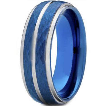 *COI Titanium Blue Silver Hammered Sandblasted Center Groove Ring-6909