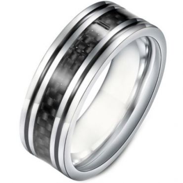 **COI Titanium Black Silver Double Grooves Ring With Carbon Fiber-6934