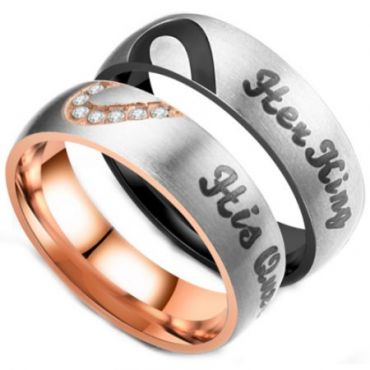 **COI Titanium Black/Rose Silver His Queen/Her King & Heart Ring-6960
