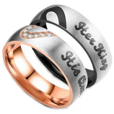 **COI Titanium Black/Rose Silver His Queen/Her King & Heart Ring-6960