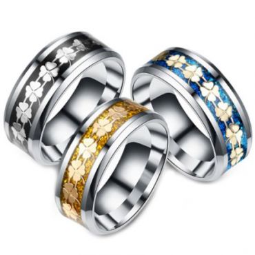 **COI Titanium Black/Blue/Gold Tone Silver Clover Floral Pattern Beveled Edges Ring-6968