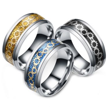 **COI Titanium Black/Blue/Gold Tone Silver Gears Beveled Edges Ring-6971