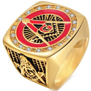 **COI Gold Tone Titanium Black Red Masonic Freemason Ring With Cubic Zirconia-6980