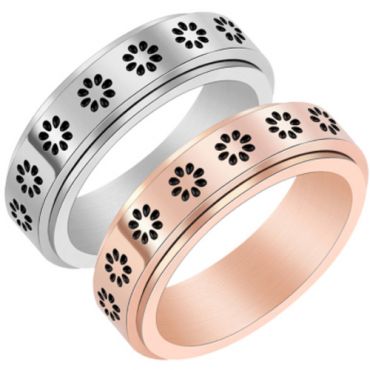 **COI Titanium Black Silver/Rose Step Edges Rotating Ring With Floral-7063