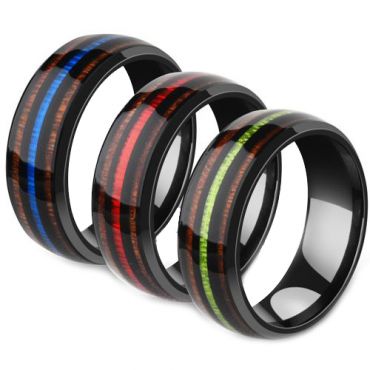 **COI Black Titanium Dome Court Ring With Brown Blue/Red/Green Wood-7072
