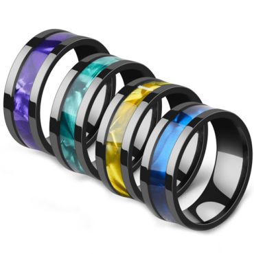 **COI Black Titanium Pipe Cut Flat Ring With Yellow/Blue/Green/Purple Abalone Shell-7074