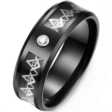 **COI Black Titanium Masonic Beveled Edges Ring With Cubic Zirconia-7092