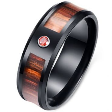 **COI Black Titanium Wood Beveled Edges Ring With Cubic Zirconia-7095