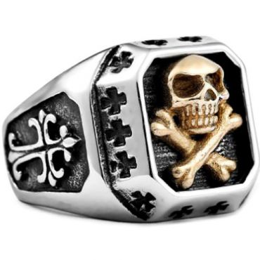 **COI Titanium Black Gold Tone Silver Skull & Bones Ring-7099AA