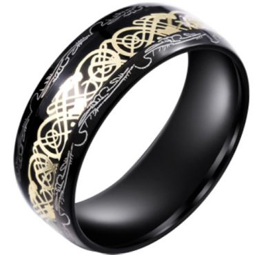 **COI Black Titanium Gold Tone Dragon Damascus Dome Court Ring With Blue/Black Carbon Fiber-7102AA