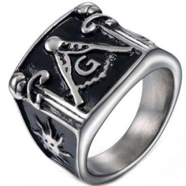 **COI Titanium Black Silver Masonic Freemason Ring-7114BB