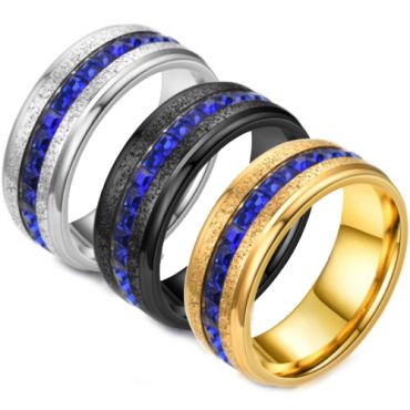 **COI Gold Tone/Silver/Black Titanium Step Edges Ring With Created Blue Sapphire-7131AA