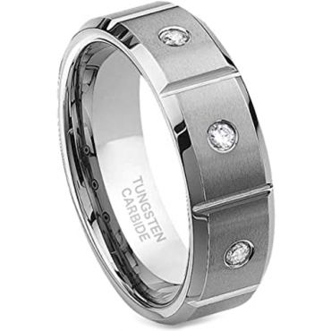 **COI Tungsten Carbide Grooves Beveled Edges Ring With Cubic Zirconia-7144