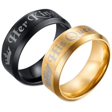 **COI Tungsten Carbide Black/Gold Tone King Queen Crown Beveled Edges Ring-7191