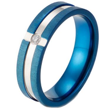 **COI Titanium Blue Silver Grooves Ring With Cubic Zirconia-7200