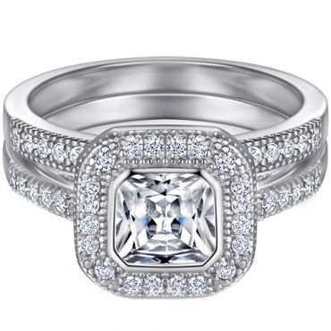 **COI Sterling Silver 925 Engagement Bridal Ring Set With Cubic Zirconia & PT950 Platinum Plating-7239