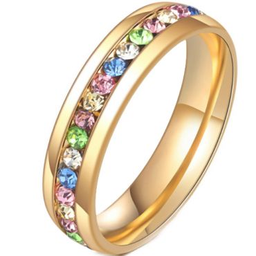 **COI Gold Tone Titanium Dome Court Ring With Rainbow Color Cubic Zirconia-7256