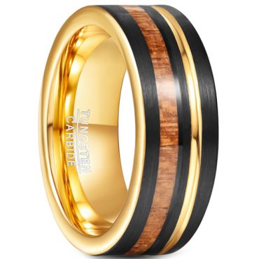 **COI Tungsten Carbide Black Gold Tone Wood Pipe Cut Flat Ring-7285