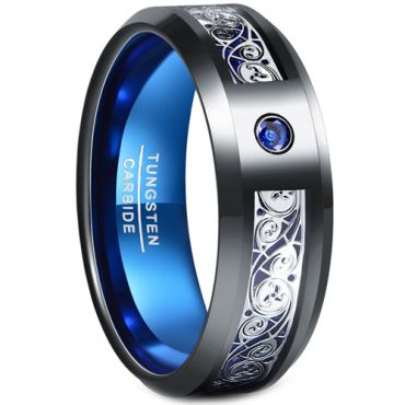 **COI Tungsten Carbide Black Blue Celtic Ring With Created Blue Sapphire-7287