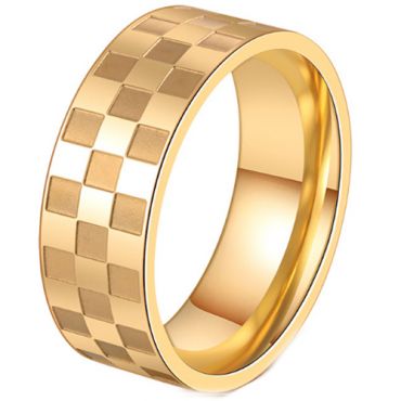 **COI Gold Tone Titanium Checkered Flag Pipe Cut Flat Ring-7294AA