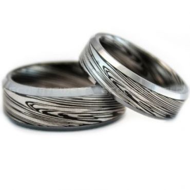 COI Tungsten Carbide Black Silver Damascus Beveled Edges Ring-TG729
