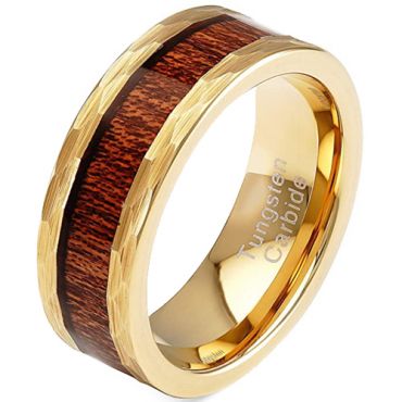 **COI Gold Tone Tungsten Carbide Hammered Ring With Wood-7319AA