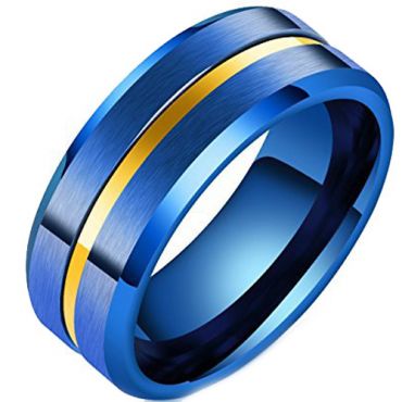 **COI Tungsten Carbide Blue Yellow Center Groove Beveled Edges Ring-7320AA