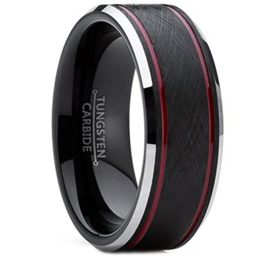 **COI Tungsten Carbide Black Red Double Grooves Beveled Edges Ring-7361