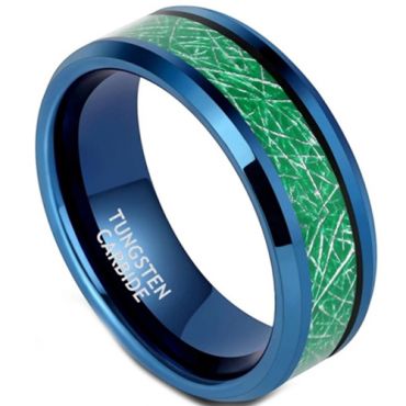 **COI Blue Tungsten Carbide Beveled Edges Ring With Green Meteorite-7362