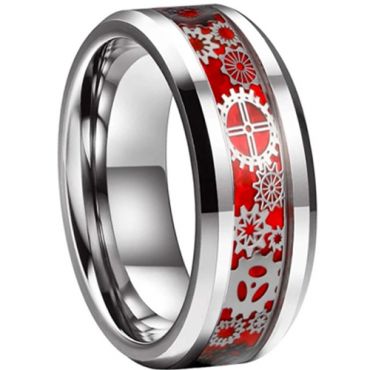 **COI Tungsten Carbide Gears Beveled Edges Ring With Red Carbon Fiber-7363