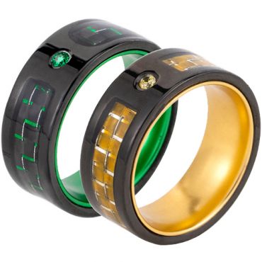 **COI Titanium Black Green/Yellow Carbon Fiber Ring With Cubic Zirconia-7384