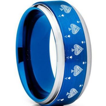 **COI Tungsten Carbide Blue Silver Ace of Spades Beveled Edges Ring-7449
