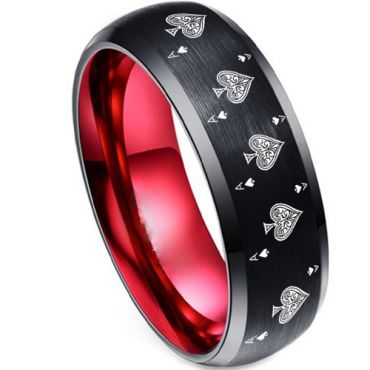 **COI Tungsten Carbide Black Red Ace of Spades Beveled Edges Ring-7482AA