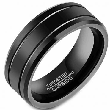 **COI Black Tungsten Carbide Double Grooves Beveled Edges Ring-7489