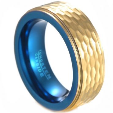 **COI Tungsten Carbide Blue Gold Tone Hammered Step Edges Ring-7494
