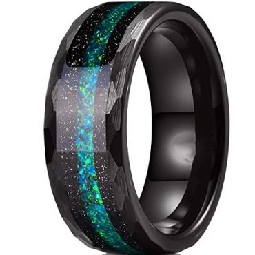 **COI Black Tungsten Carbide Crushed Opal Faceted Ring-7502