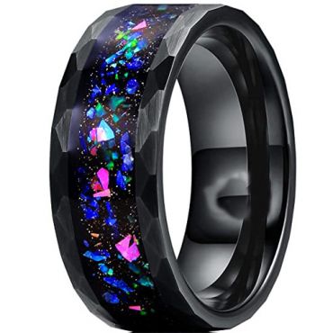 **COI Black Tungsten Carbide Crushed Opal Faceted Ring-7503