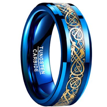 **COI Tungsten Carbide Blue Gold Tone Dragon Beveled Edges Ring-7506