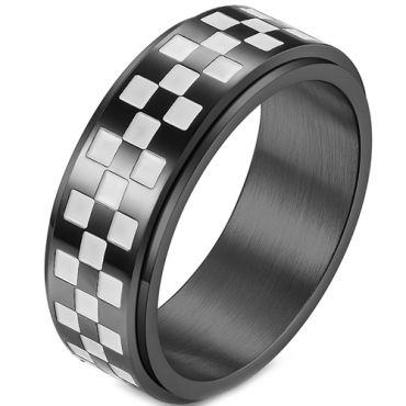 **COI Titanium Black Silver Checkered Flag Step Edges Ring-7532