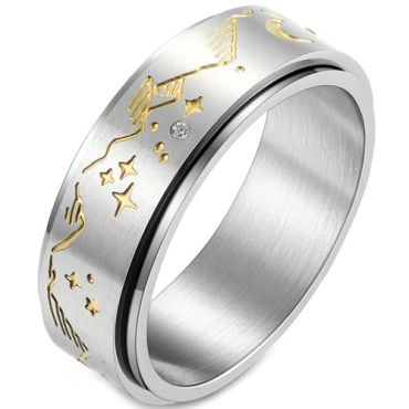 **COI Titanium Gold Tone Silver Step Edges Ring With Cubic Zirconia-7603