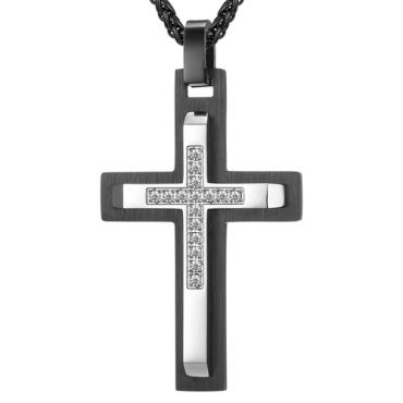 COI Titanium Black Silver Cross Pendant With White/Black Cubic Zirconia-7687