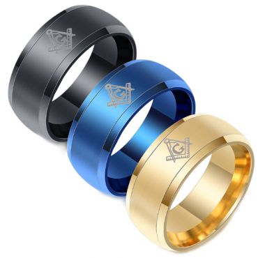 **COI Titanium Black/Blue/Gold Tone Masonic Freemason Beveled Edges Ring-7705