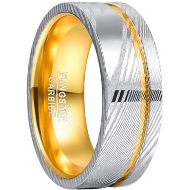 **COI Tungsten Carbide Gold Tone Silver Offset Groove Damascus Pipe Cut Flat Ring-7726