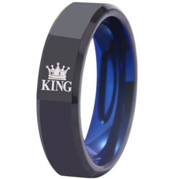**COI Tungsten Carbide Black Blue King Queen Crown Beveled Edges Ring-7808