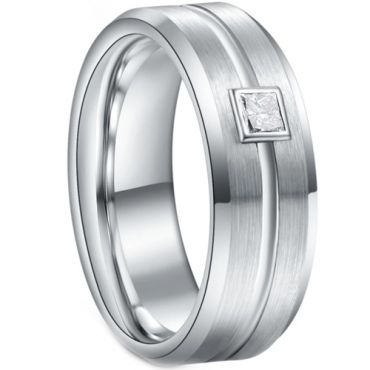 **COI Tungsten Carbide Center Groove Beveled Edges Ring With 0.30ct Genuine Diamond-7830