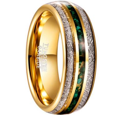 **COI Gold Tone Tungsten Carbide Dome Court Ring With Meteorite and Green Gravel-7832