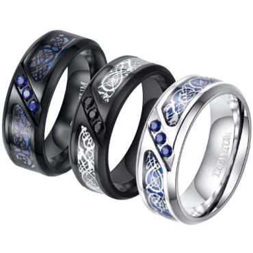 **COI Titanium Black/Silver Dragon Beveled Edges Ring With Cubic Zirconia-7845