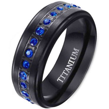 **COI Black Titanium Step Edges Ring With Created Blue Sapphire-7848